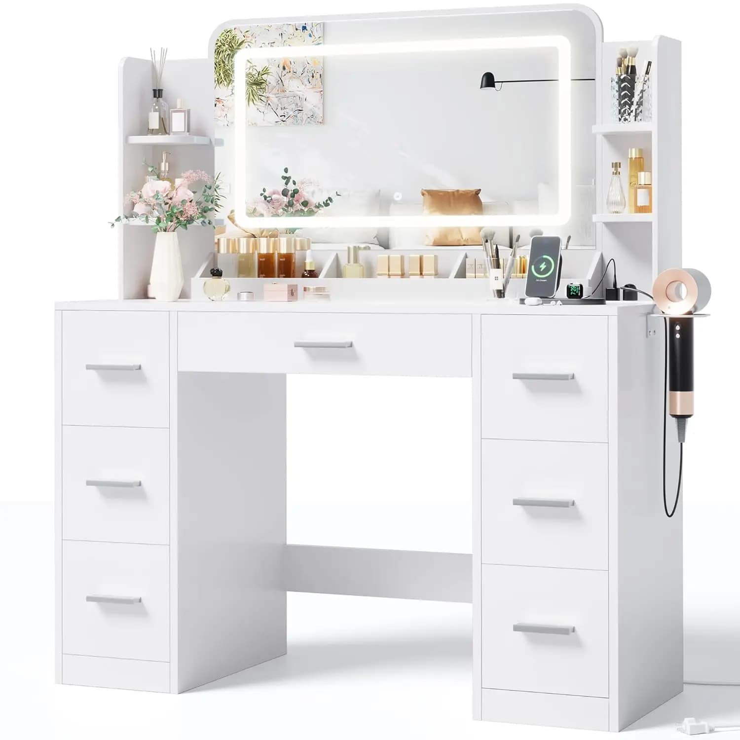 Tavolo da Trucco con Grande Specchio e Luci LED, Vanity con Presa Multipla e Supporto per Asciugacapelli, 6 Ripiani Aperti, Personalizzabile