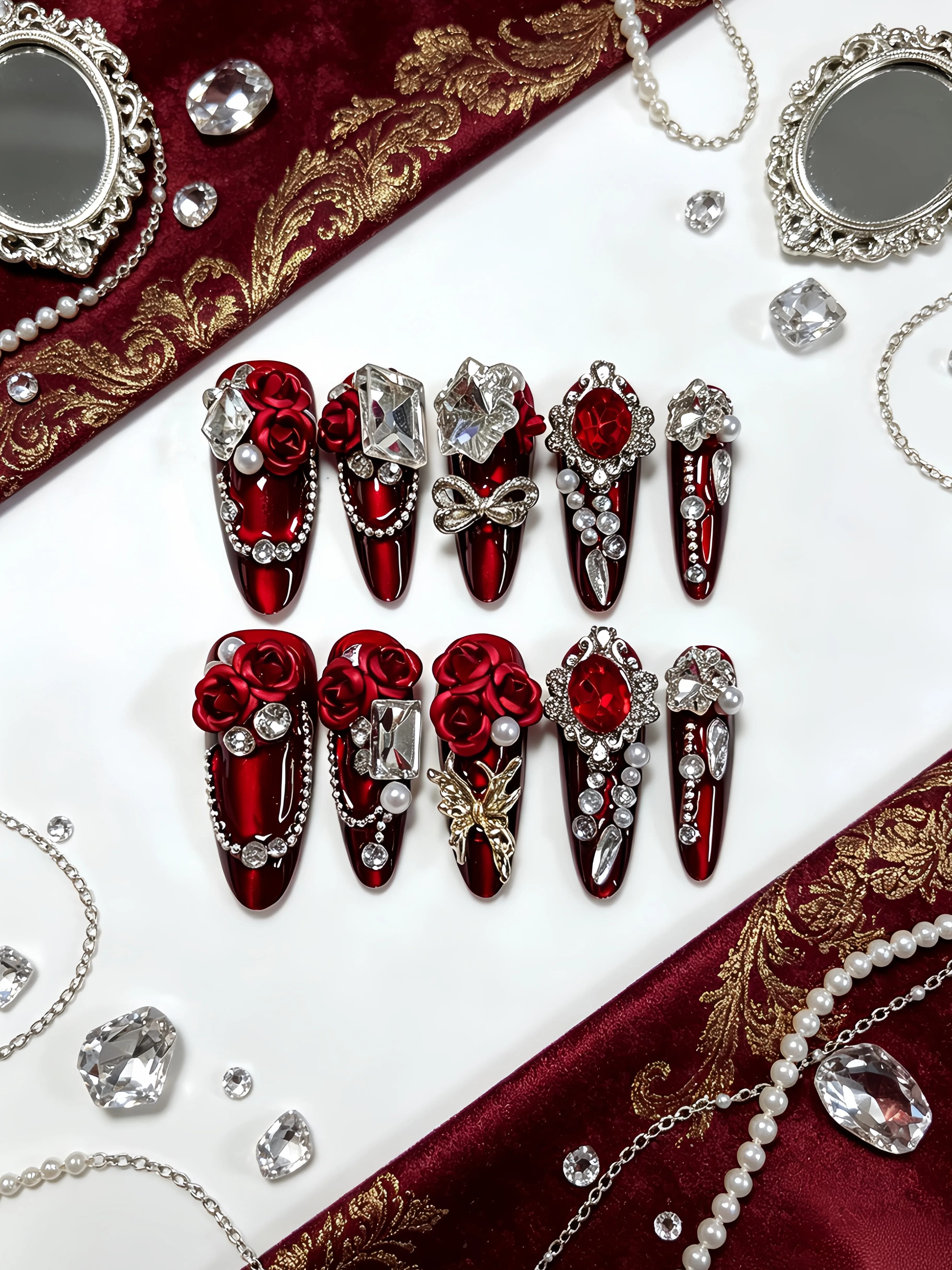 10-Piece Set, Water Drop-Shaped Wearable Nails, Transparent White Large Zircon Frame with Heart-Shaped Red Zircon and Pearl Chain Nail Art, Vintage Light Luxury Wedding and Christmas Atmosphere Style, Special Fake Nails for Wedding Banquet Photography