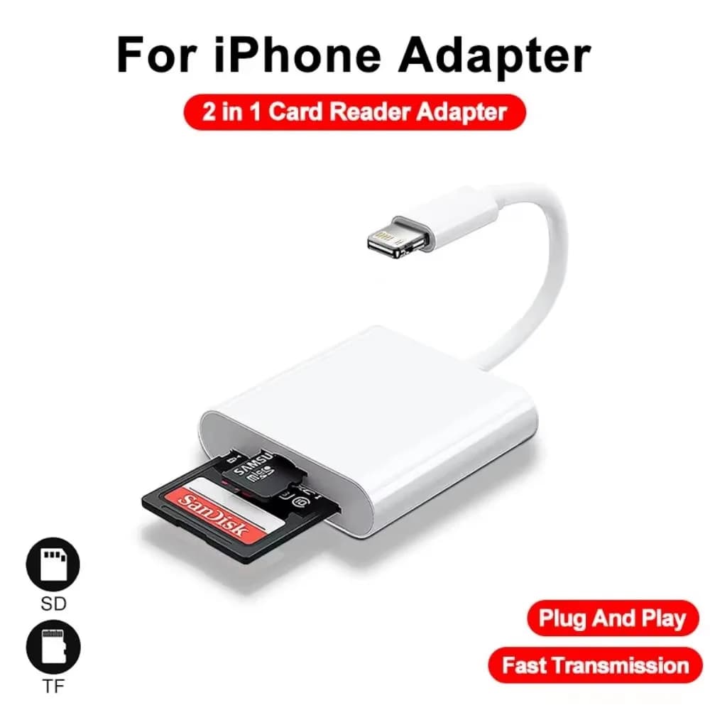 SD/TF 2-in-1 card reader from Lightning for iPhone and iPad, camera photo and video transfer adapter, no app required, plug and play