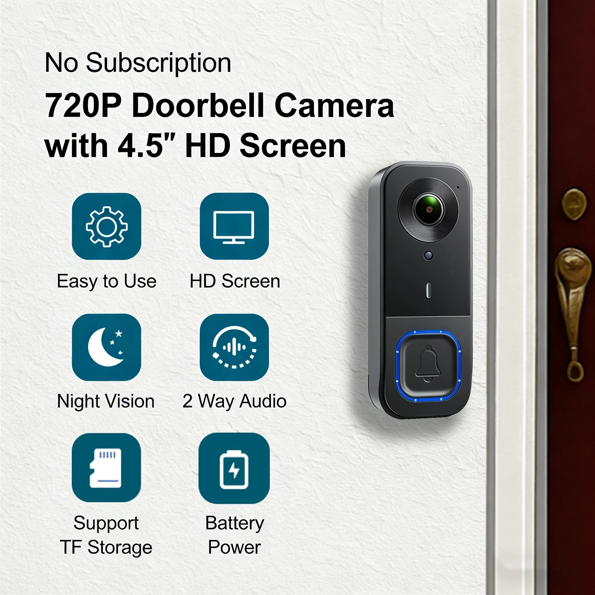 Campanello Video Intelligente con Display IPS a Colori da 4,5 Pollici, Videocitofono 720P, Comunicazione Bidirezionale, Visione Notturna, Campanello per Casa e Ufficio