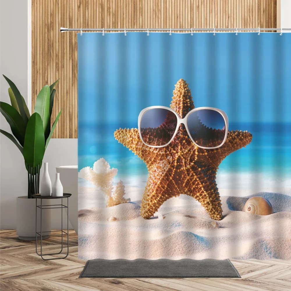 Tenda da doccia con paesaggio da spiaggia, divertente decorazione per il bagno con stelle marine, spiaggia sabbiosa e alberi di cocco, schermo impermeabile per vasca da bagno