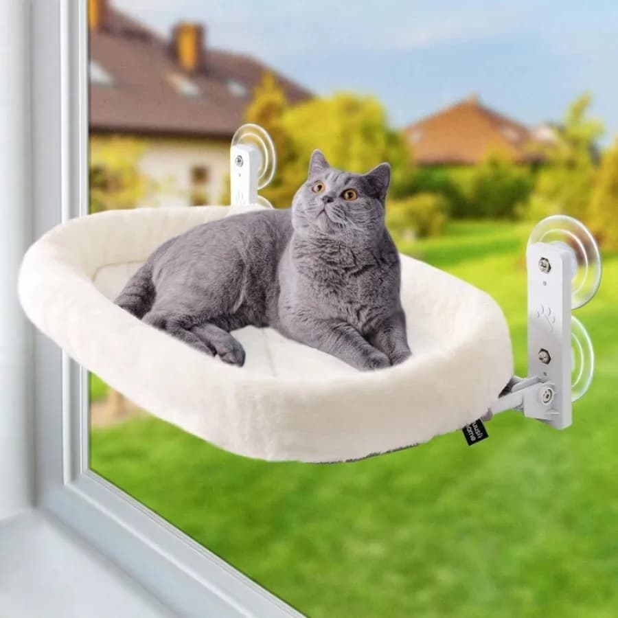 Lettino per Gatti da Finestra con 4 Ventose, Amaca Senza Fili con Copertura Lavabile e Rimovibile Grigia e Telaio in Metallo Solido