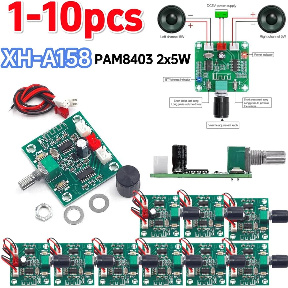 1-10pcs XH-A158 PAM8403 2x5W Bluetooth 5.0 DC 5V Scheda amplificatore audio a doppio canale Scheda amplificatore altoparlante wireless ultra trasparente
