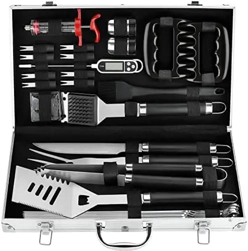 Set BBQ POLIGO 26 Pezzi in Valigetta di Alluminio – Utensili Premium per Grigliate, Ideali per Regali, Campeggio, Affumicatore, Natale, Compleanno