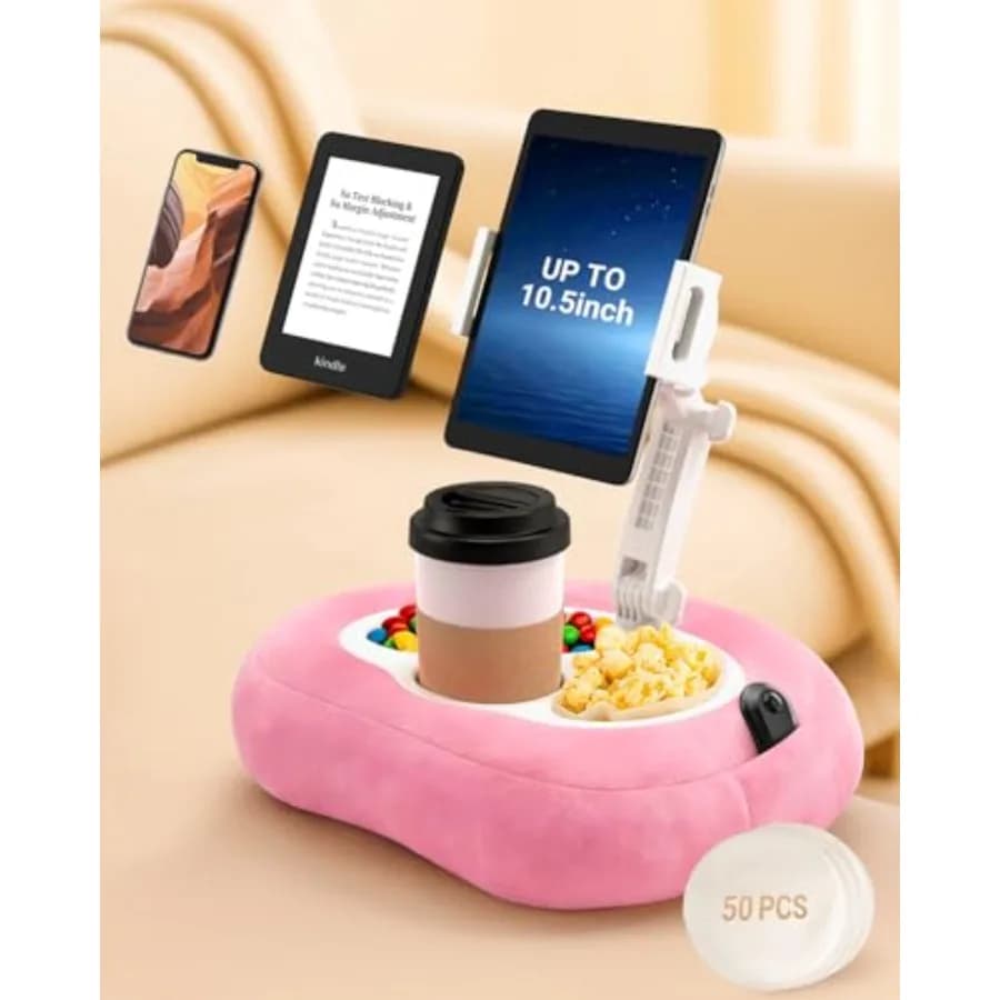 Tablet and Kindle Pillow Stand for Bed, Adjustable iPad Holder for Couch and Lap with 2 Snack Bowls, Cup Holder, 50 Disposable