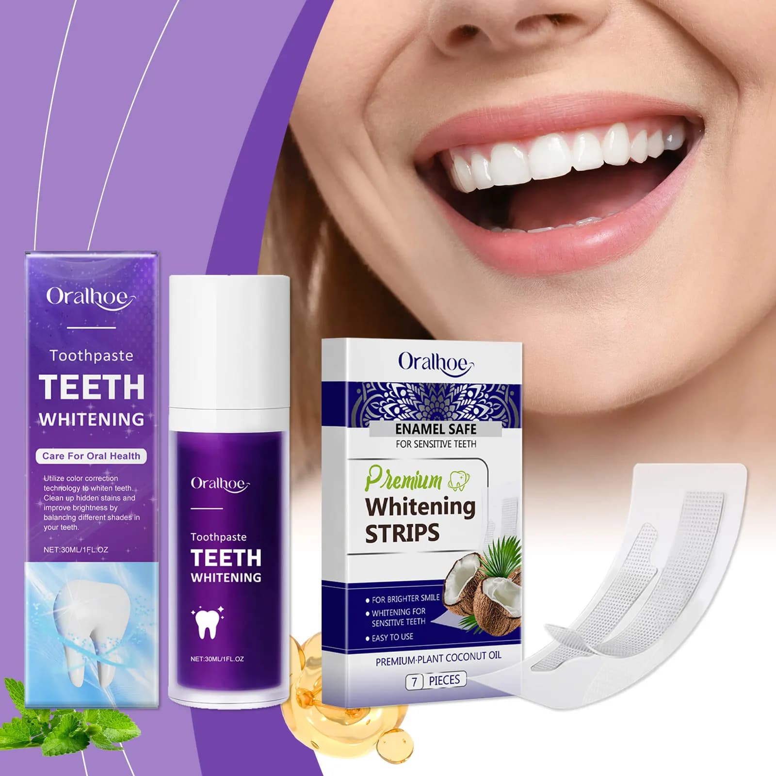 Sbiancamento dei denti Dentifricio Rimozione Macchie dei denti Illumina l'alito fresco Alleviare la carie parodontite Proteggi le strisce sbiancanti dei denti