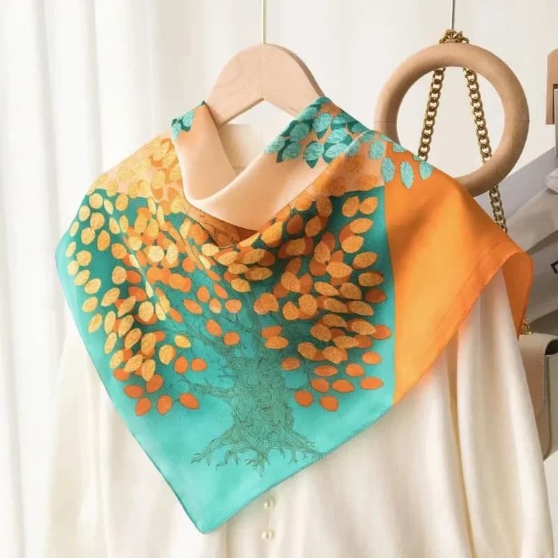 Sciarpa con foglie autunnali poetiche da 70 cm Sciarpe con blocco colore verde arancione Sciarpa quadrata in seta imitazione donna Foulard con scialle versatile