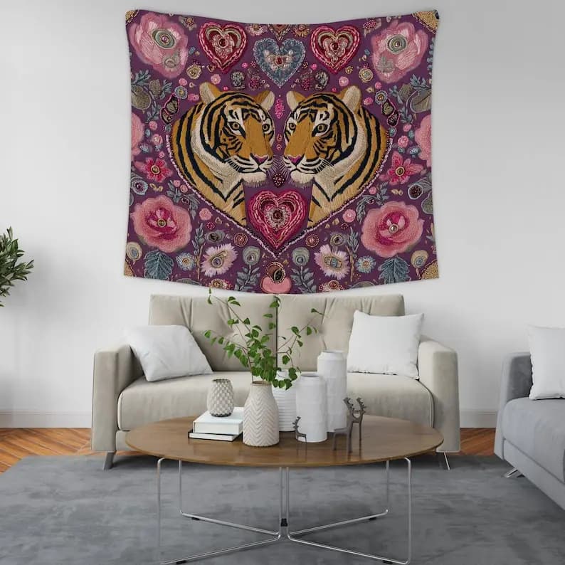 Love Tigers Heart Tapestry Boho Wall Hanging Floral Animal Art Romantic Room Decor Couple Gift