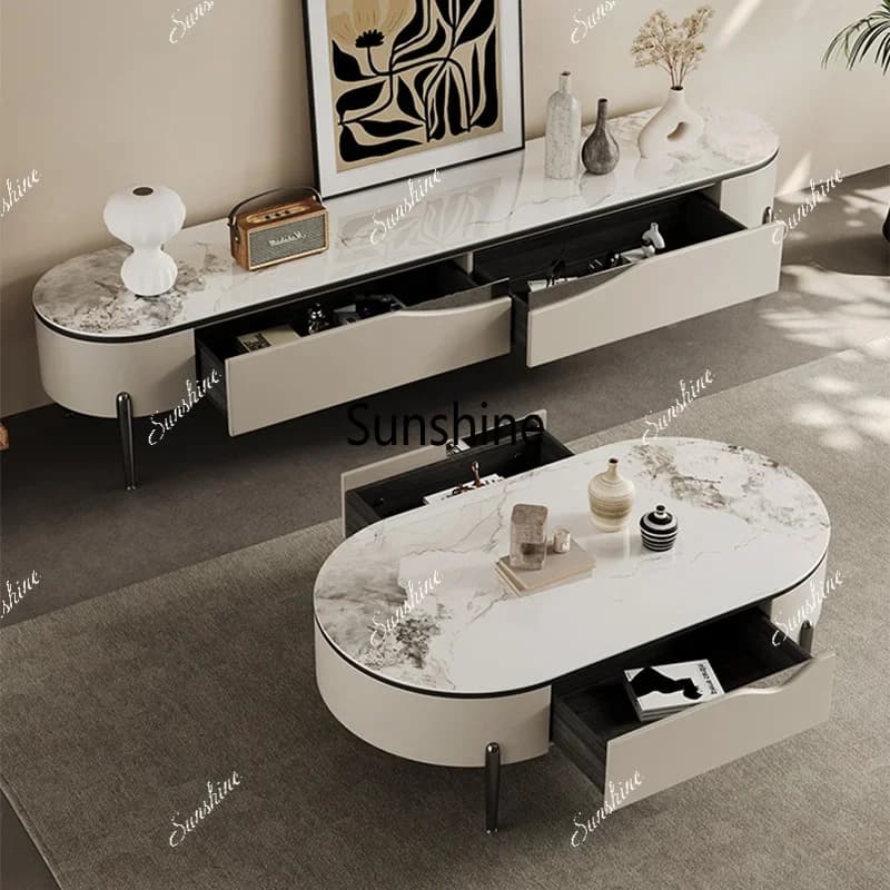 Set Tavolino da Salotto e Mobile TV YYLuxury con Gambe in Acciaio Inox, Tavoli Centrali Moderni con Doppi Cassetti, Elegante Mobile TV
