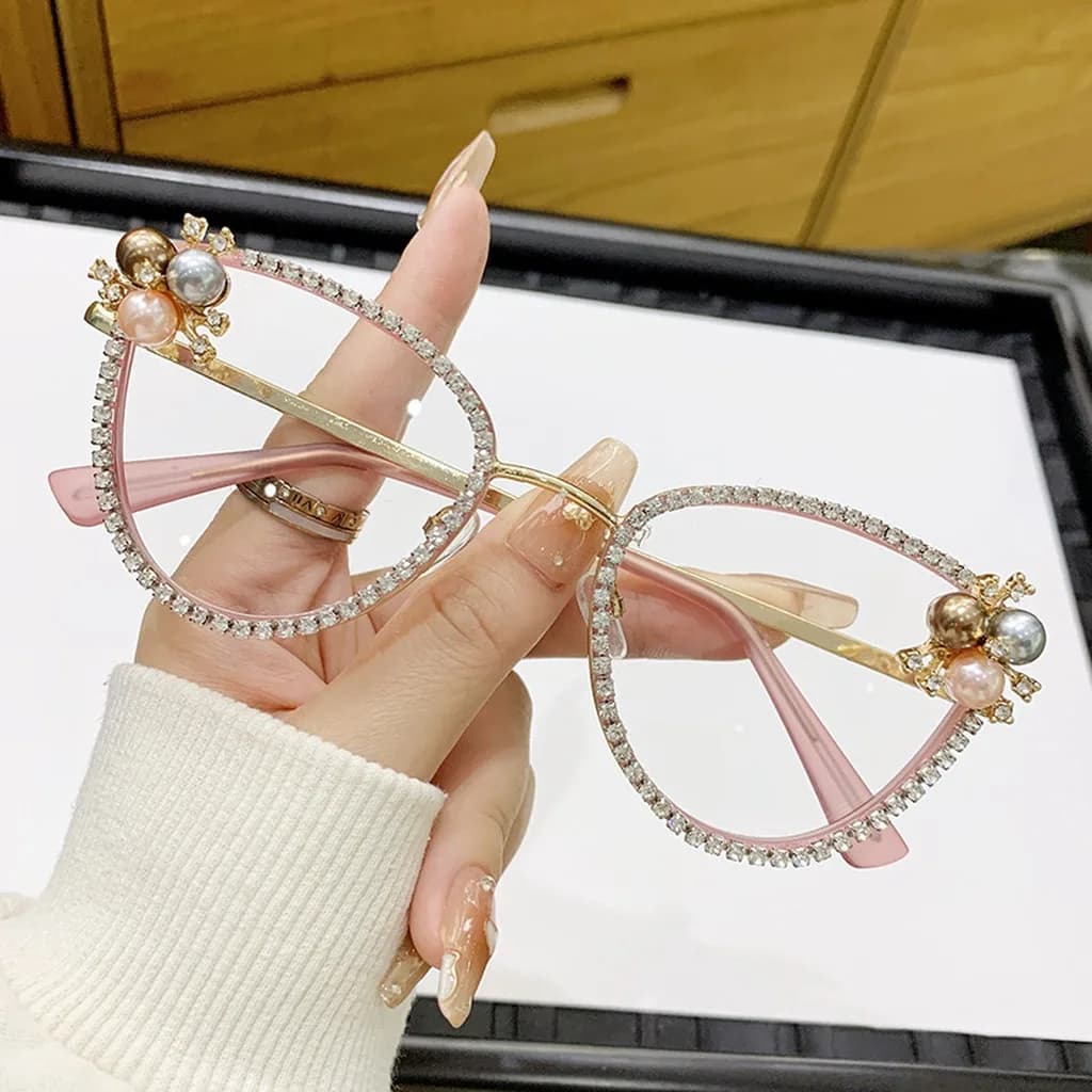 Women's Heart Shape Rhinestone Pearl Large Frame Blue Light Blocking Eyeglasses UV400 Protection Fashion Eyewear for Daily