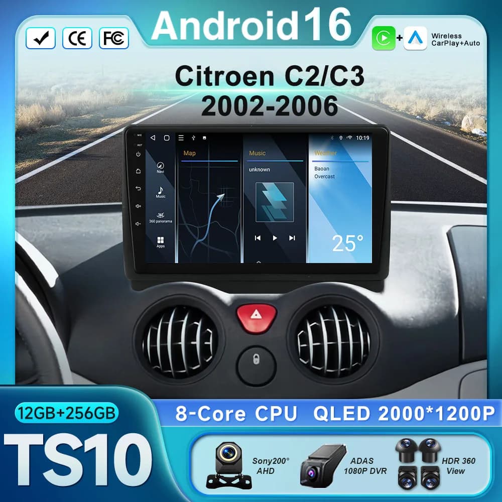 Autoradio with Carplay and Android Auto for Citroen C2 C3 2002-2006, 8 Core, GPS Navigation, Touch Screen, Bluetooth