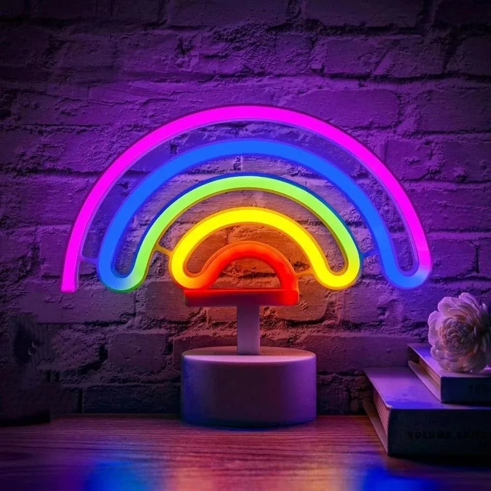 Lampada al Neon LED Colorata con Base, Alimentazione a Batteria e USB, Luce al Neon a Forma di Arcobaleno Senza Sfarfallio, Lampada LED 3D in Acrilico