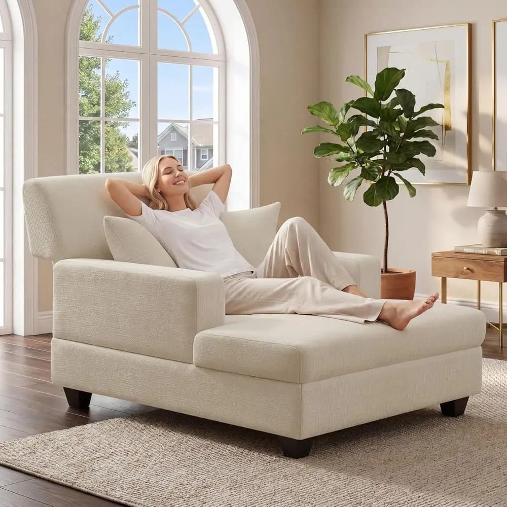 Oversized Chenille Recliner Sleeper Sofa with Adjustable Backrest, Pillows, and Cream Upholstery for Living Room or Bedroom