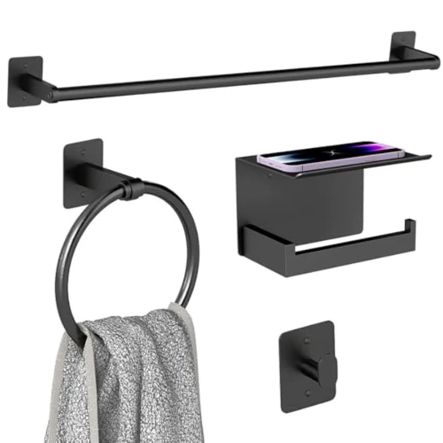 Set di Accessori per Bagno Nero Opaco 4 Pezzi, Portasciugamani da 24 Pollici, Anello Portasciugamani, Ganci per Asciugamani, Porta Carta Igienica