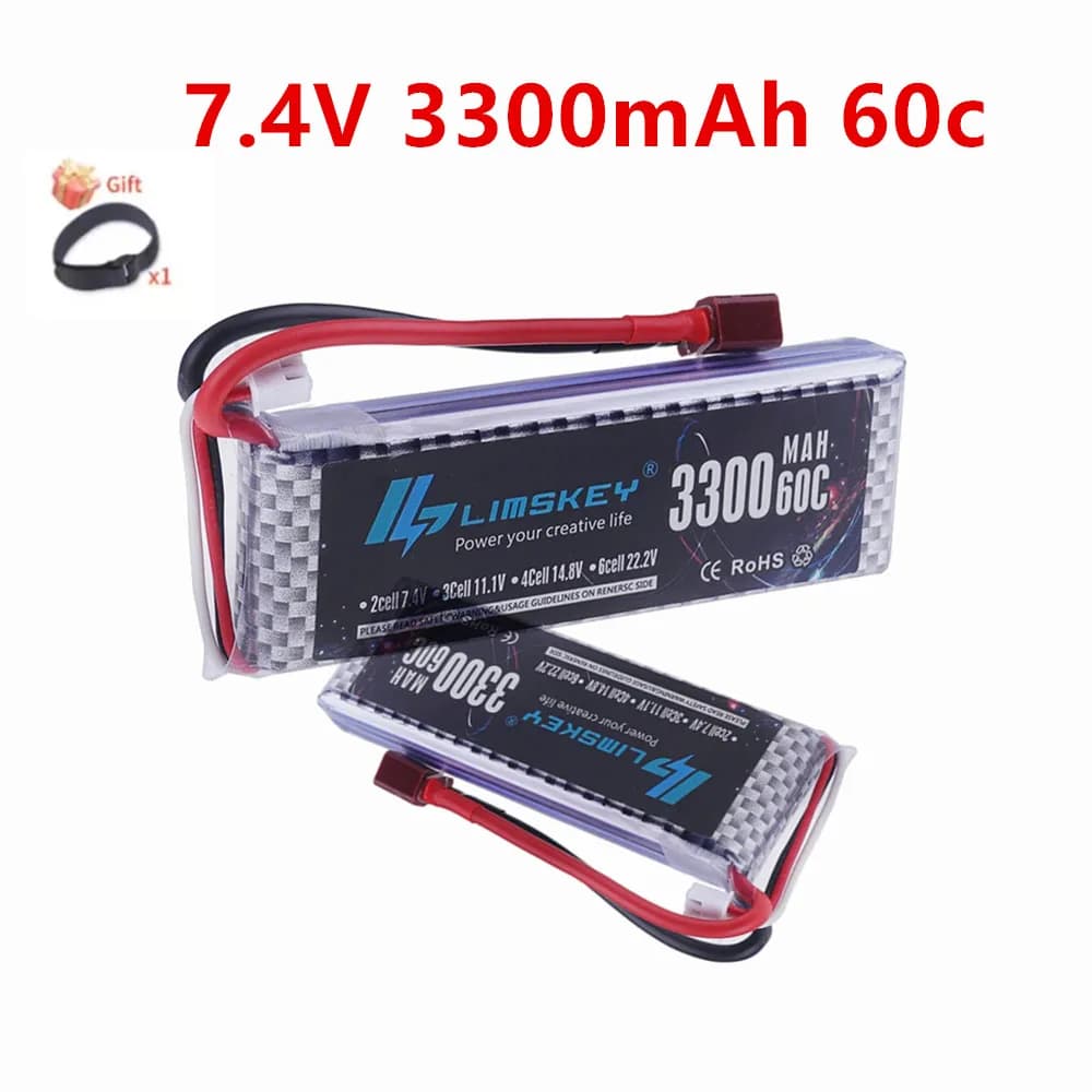 Batteria LiPo 7.4v 3300mAh 60C per Quadricottero RC, Elicottero, Auto, Barca, Droni, Ricambi 2S 7.4V con Connettore T/XT60/XT30/JST