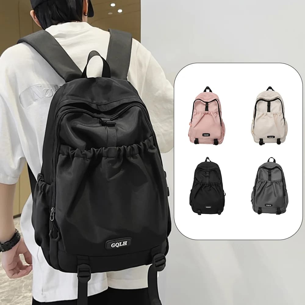 Casual Drawstring Nylon Backpack with Logo Detail, Multi-Pocket Daypack, Lightweight Water-Resistant Bag for Daily Use