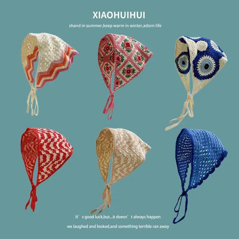 French Ins Triangle Scarf Knitted Lace Women 2024 New Retro Versatile Bundle Hat Bundle Bag for Hair Photo Head Hat Hair Band