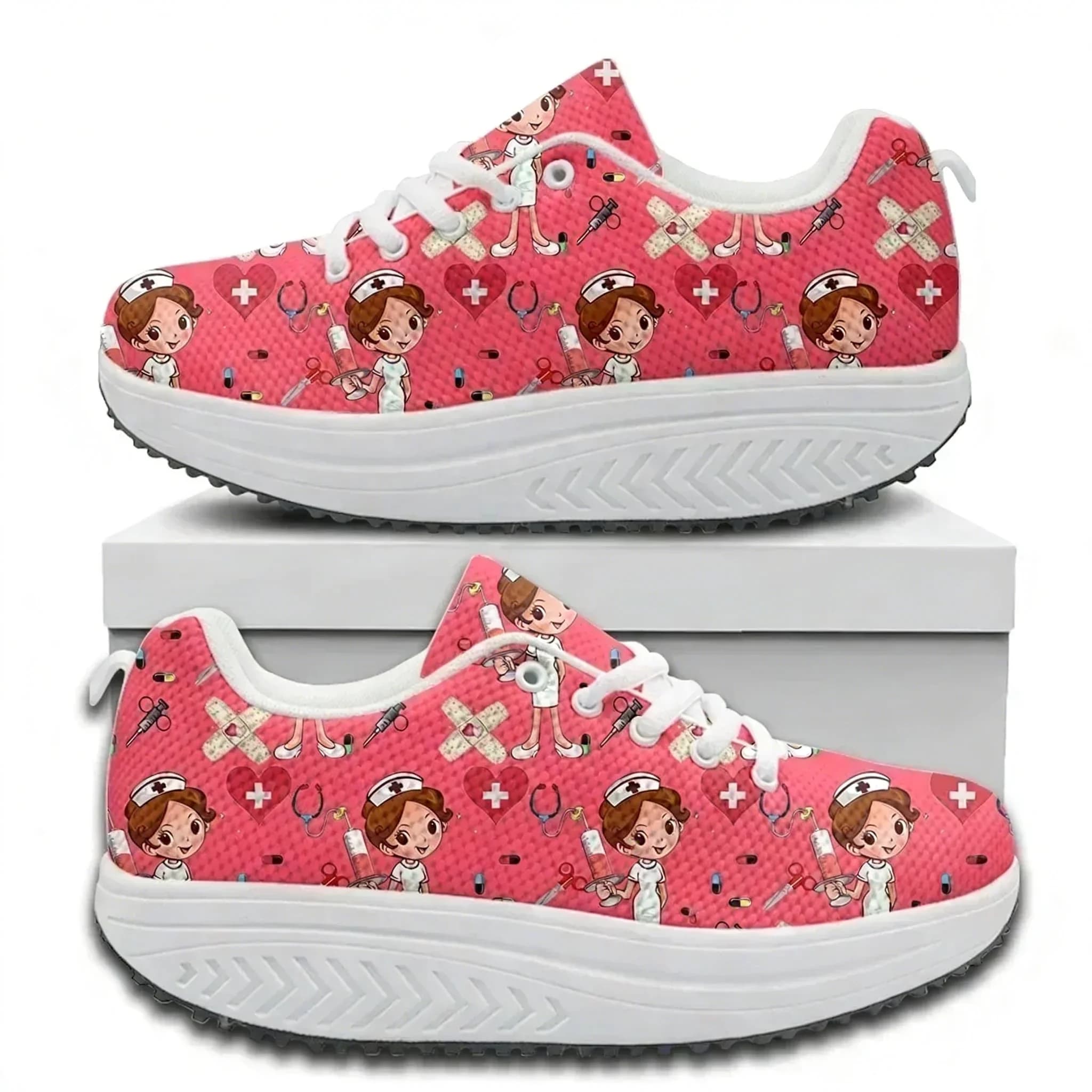 Comfort Lace-up Platform Sneakers Medical Care Nurse Print Casual Swing Shoes Non-Slip Nursing Shoes Toning Shoes