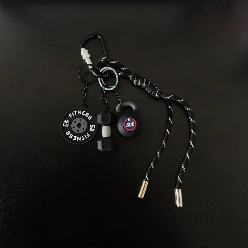 Keyring with Mini Gym, Kettlebell and Manubri Shaped Keyring with D Buckle, Water Glass Simulation