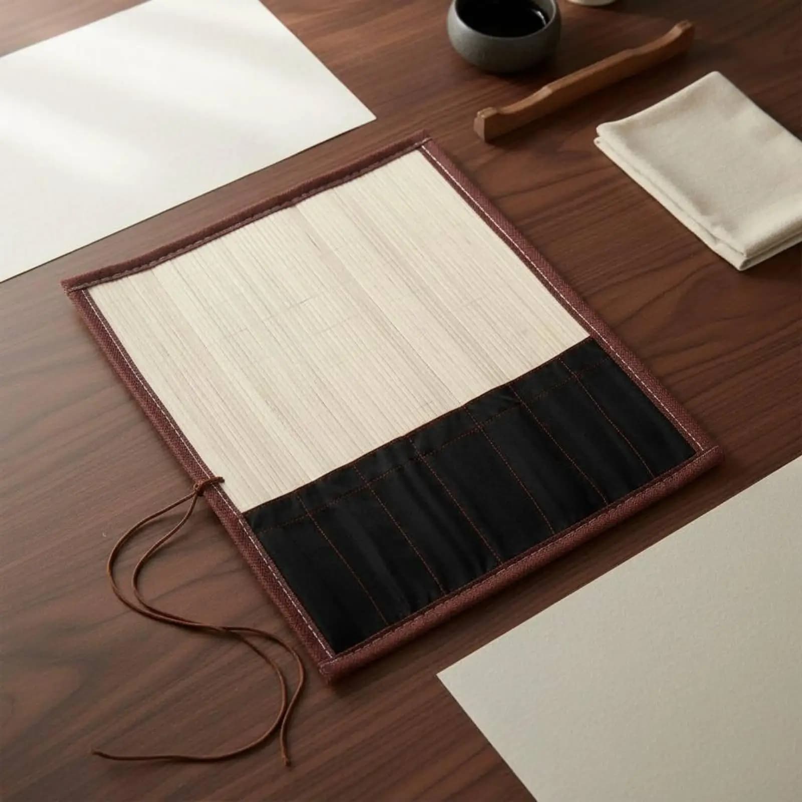 Elegant Bamboo Brush Storage Roll for Chinese Calligraphy Art Painting Tools Portable Desk Organizer
