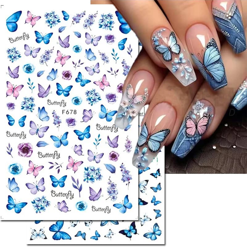 Decalcomanie per nail art 3D Blu Viola Farfalle Fiore Fiori blu Foglie Adesivi per unghie Art Manicure Suggerimenti Decorazioni