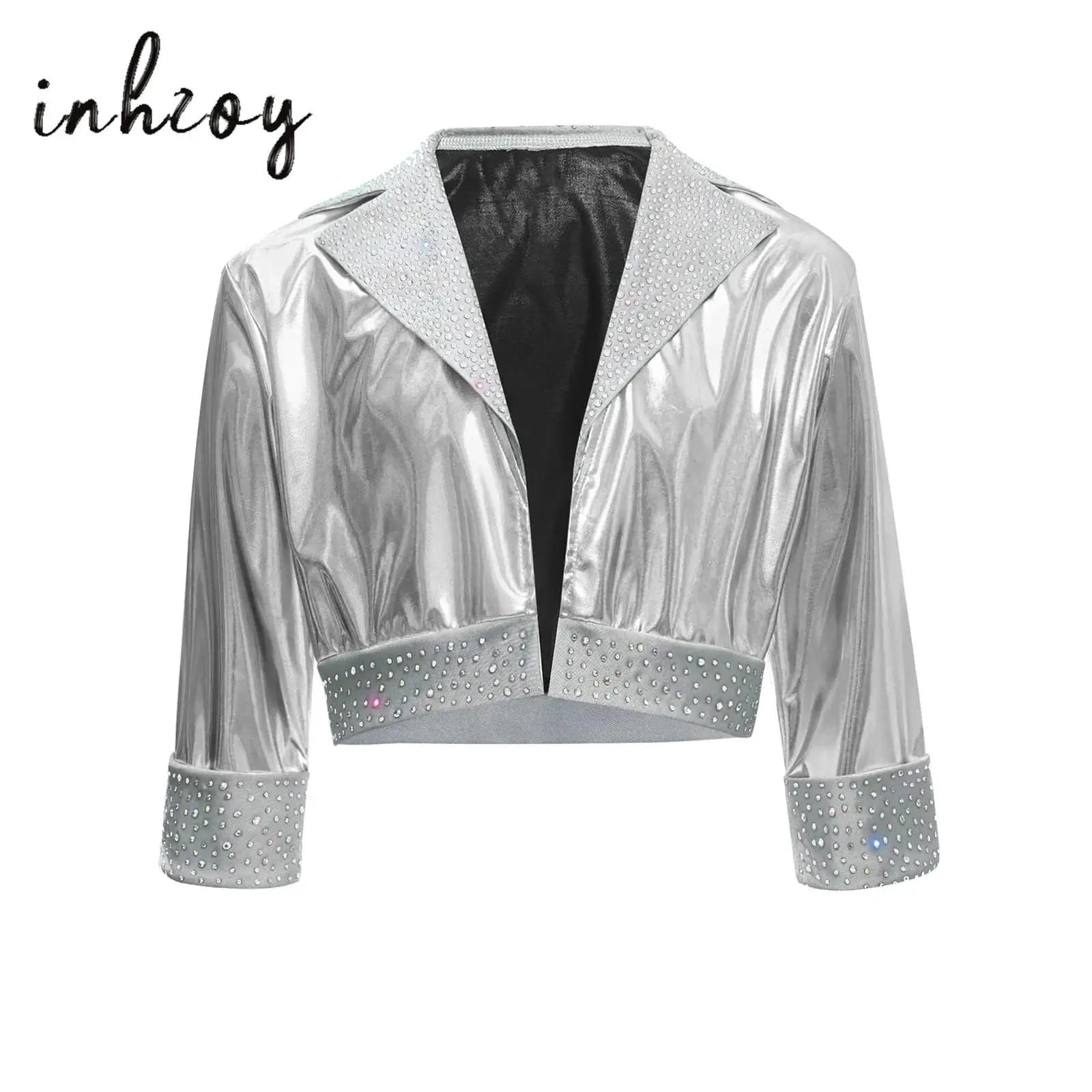 Giacca da bambina per bambini Cappotto Jazz Hip Hop Dance Crop Top Capispalla Colletto con bavero Manica lunga Strass lucidi Cappotto metallico Streetwear