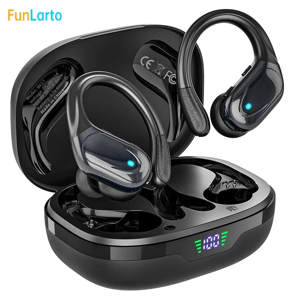 Funlarto Cuffie wireless Auricolari Bluetooth sportivi Auricolari impermeabili IPX7 Batteria da 75 ore con microfono Display di alimentazione a LED per palestra