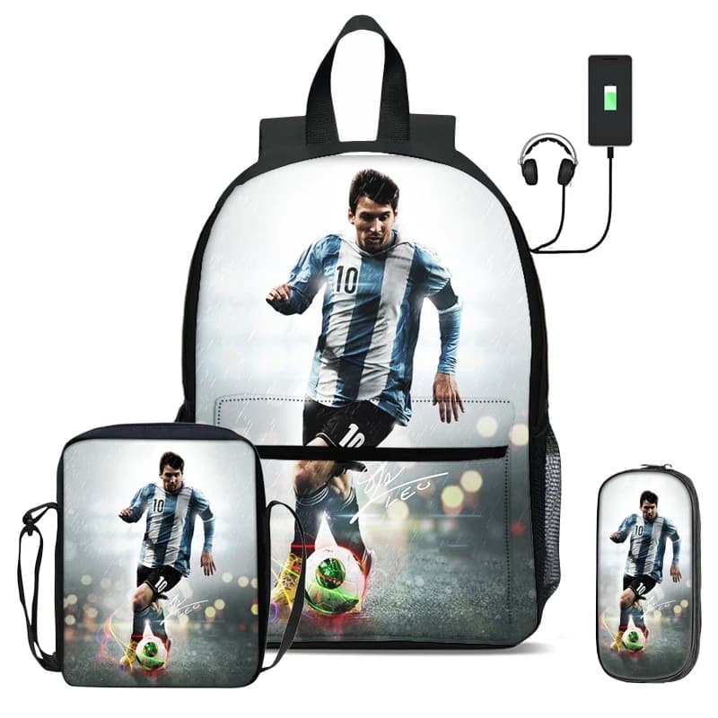 3 Pcs Set School Bag M-Messi Kids Rucksack Football Sport Pencil Bag Backpack with USB interface Football Star with Shoulder Bag