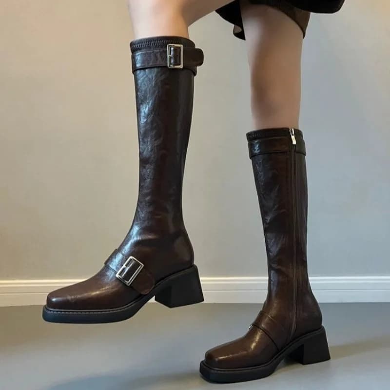 Women's Knee High Boots Square Toe Block Heel Side Zipper Buckle Strap Leather-Look Upper Mid Heel Footwear Outdoor Indoor Daily