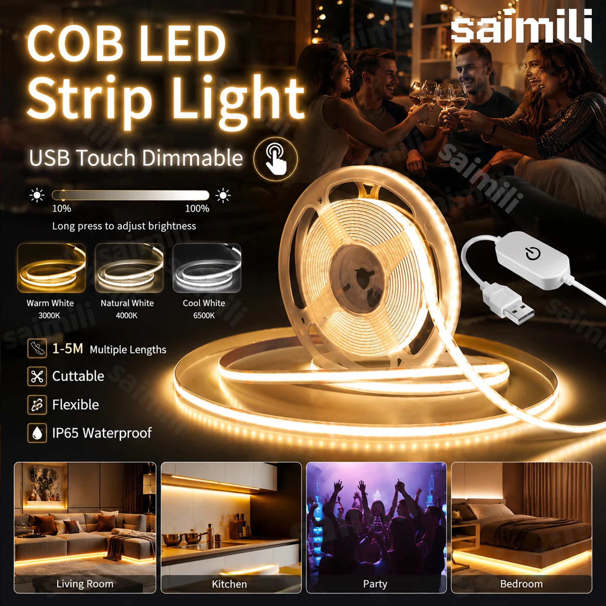 COB LED Strip Lights 5V High Density Linear Lighting Touch Dimmer Flexible Diode LED Tape Ribbon Flexible For Home Party Decor