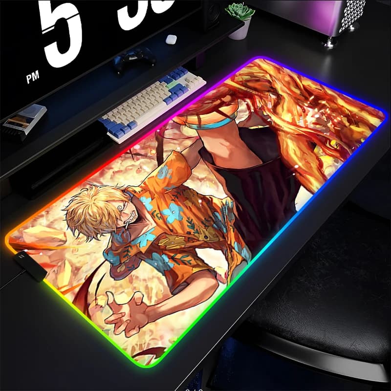 Tappetino per mouse RGB Anime One Piece Sanji, professionale per e-sport, per giocatori di PC, in gomma, con retroilluminazione LED, tappetino da scrivania per tastiera e mouse.