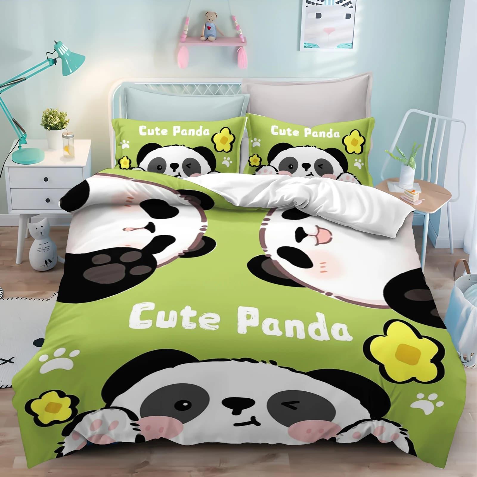 Set Copripiumino Cartone Animato Panda per Bambini, Set Biancheria da Letto Decorativa con Federe per Camera dei Bambini, Regalo per le Vacanze