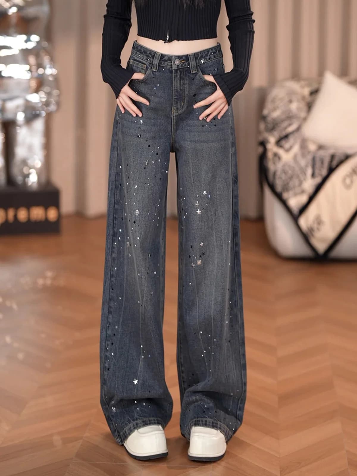 Tianxing Fall 2026 New Personalized Wide Leg Denim Jeans Women's Heavy Embellished Straight Leg Flared Pants High Waist Korea...