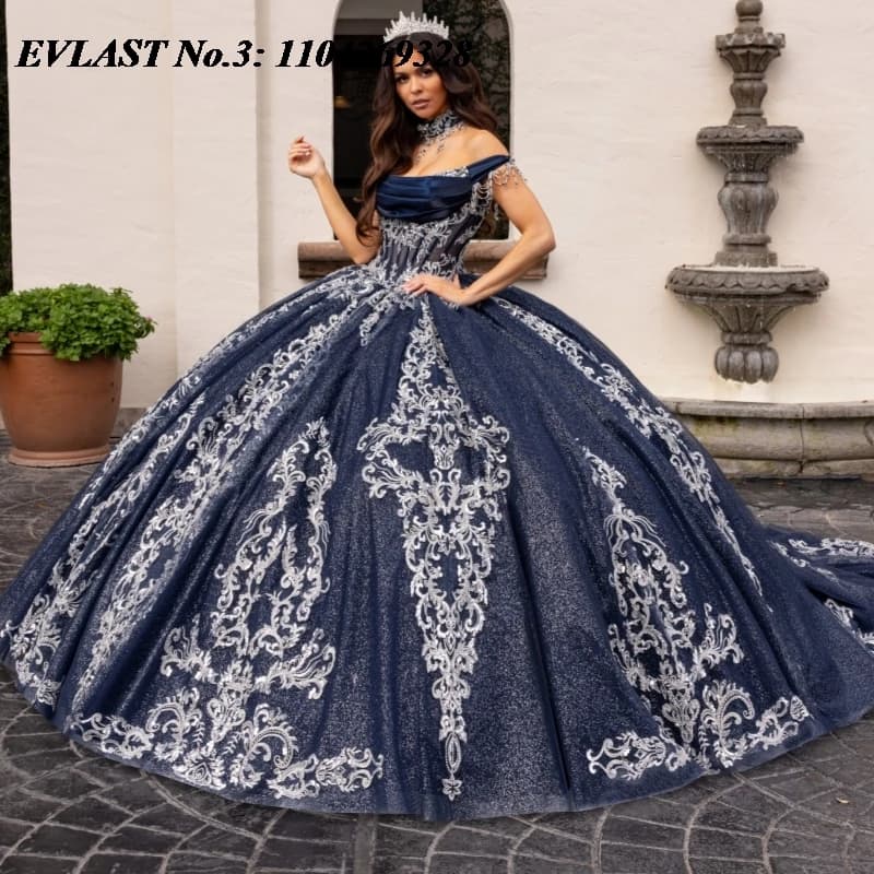 EVLAST Personalizzato 2025 Blu Navy Abito Quinceanera Abito di Sfera Argento Applique di Pizzo Che Borda Dolce 16 Abiti Da 15 Anos E3Q792