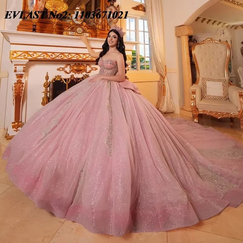 EVLAST Personalizzato Messicano Rosa Abito Quinceanera Abito di Sfera Glitter Applique Perline Corsetto Dolce 16 Abiti Da 15 Anos E2QA58