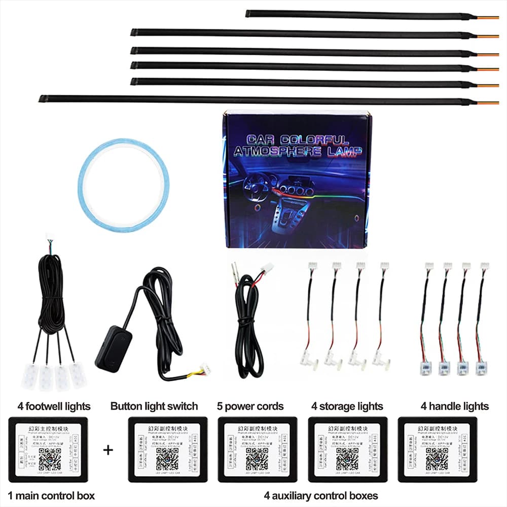 Luci LED a Striscia per Auto, 64 Colori RGB, 18in1, Illuminazione Ambientale Interna in Acrilico, Controllo APP, Lampada Atmosfera Decorativa 5V