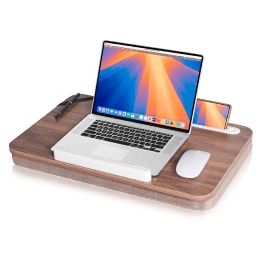 Lap Desk for Couch and Bed Use, Wooden with Cushioned Surface and Hidden Book Clips, Brown, Portable and Ergonomic Design