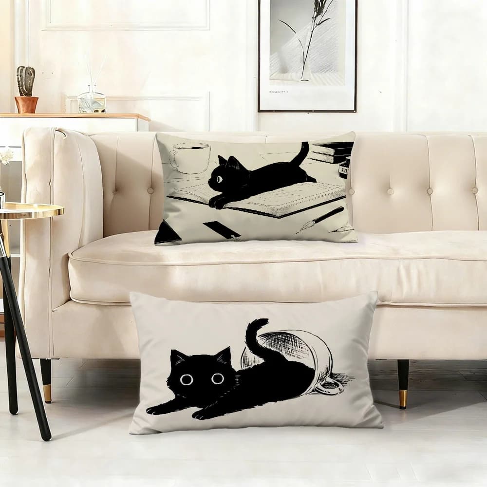 Federa per cuscino con gatto nero simpatico e divertente, per divano, soggiorno, camera da letto, testiera, schienale, per il riposo.