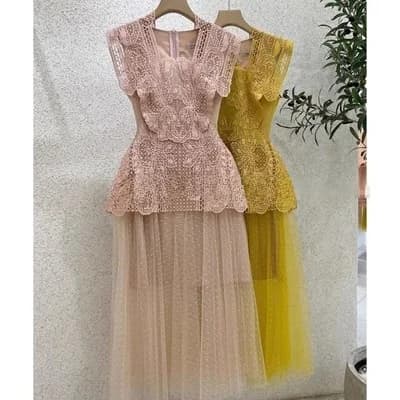 Elegant Lace Splicing Mesh Dress Women's 3D Embroidery Midi Length Holiday Dress Short Sleeve Other Material Spring 2024