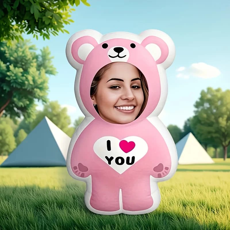 Custom Face Pink Bear Shape Plush Pillow Personalized I Love You Heart Photo Cutout Stuffed Cushion Romantic Valentine Gift For