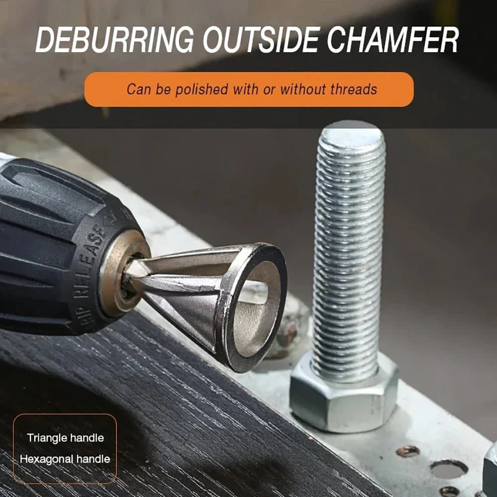 Triangular hexagonal tool for bevelling, rapid removal of gagging and deburring, drill tip for stainless steel and copper screws