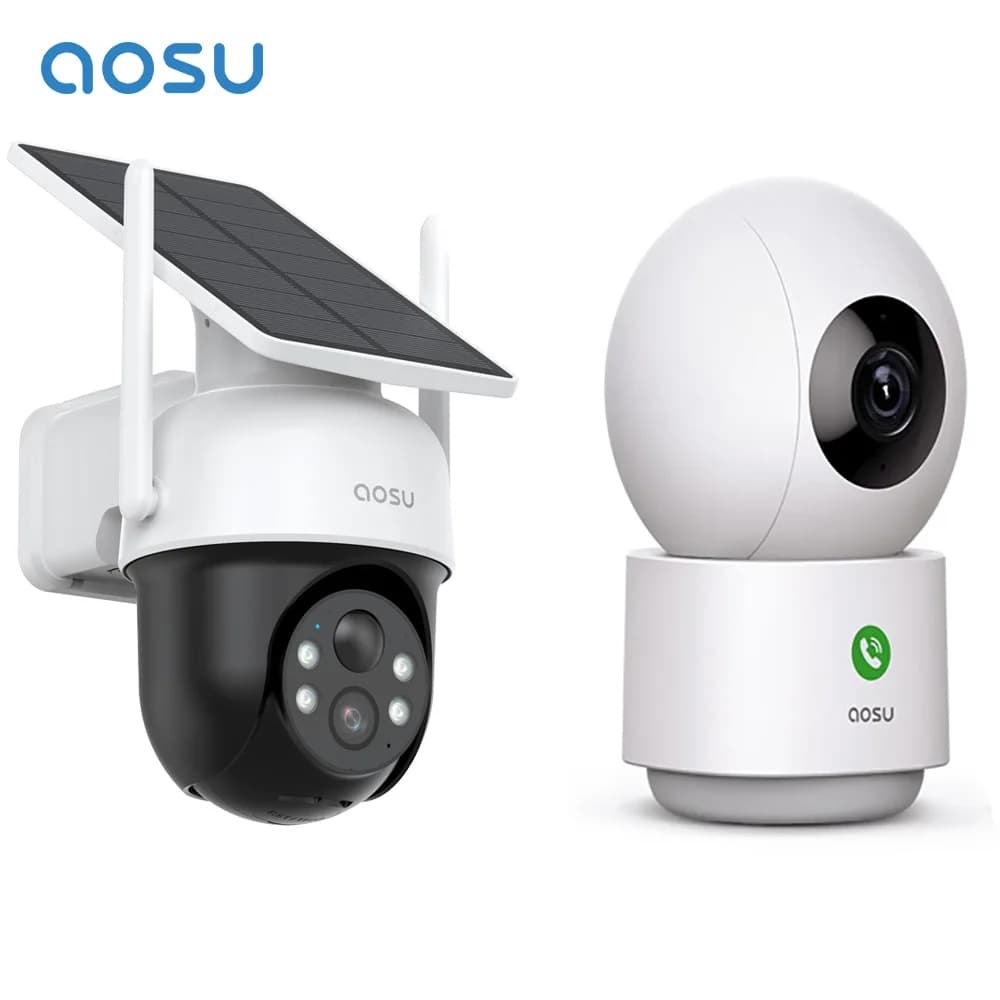 Telecamera Solare AOSU 3MP Rinnovata, 100% Senza Fili, e Baby Monitor 3MP 5G/2.4GHz, Telecamera di Sicurezza Interna Compatibile con Alexa
