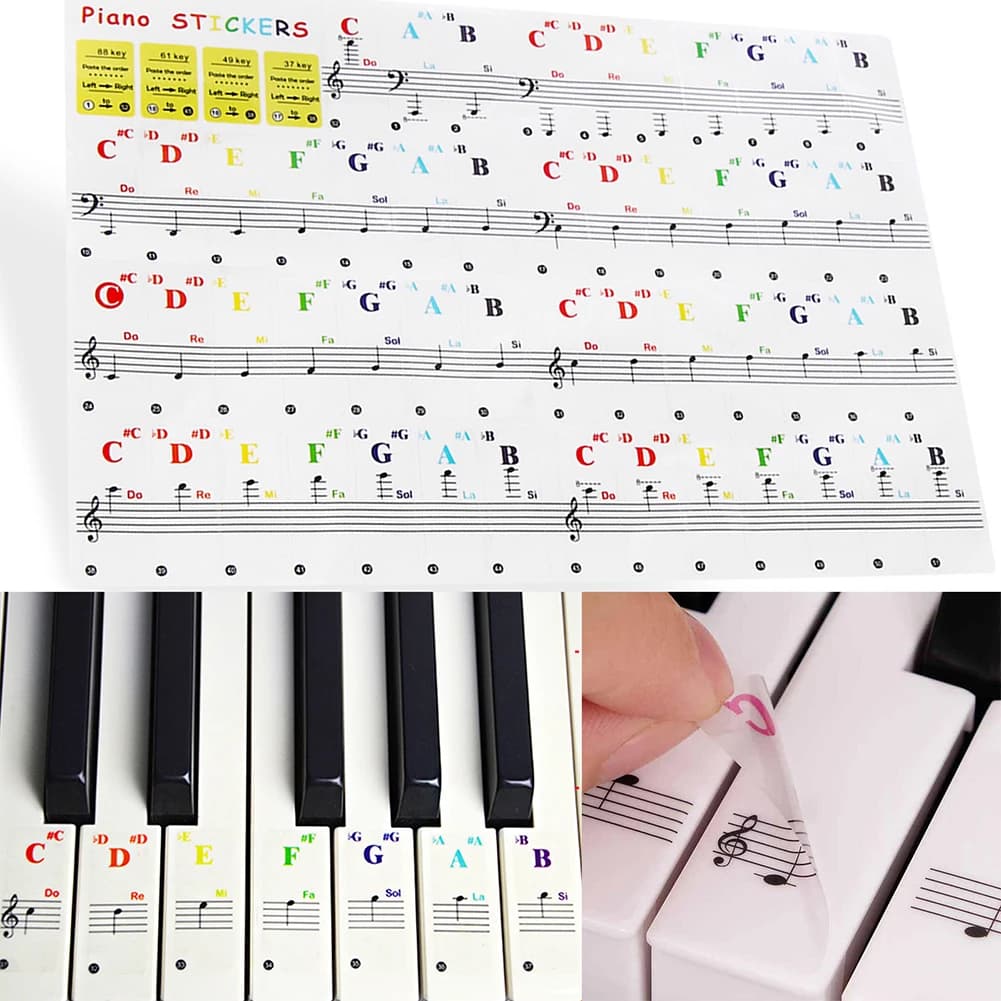 Adesivi trasparenti per tastiera di pianoforte Adesivi per tastiera colorati Nota per decalcomanie musicali per principianti 88/61/49/37 tasti