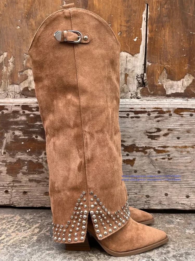 Stivali Alti al Ginocchio con Borchie e Fibbie per Donne, Scarpe Eleganti da Festa, Stivali di Lusso Fatti a Mano alla Moda, Botas Mujer