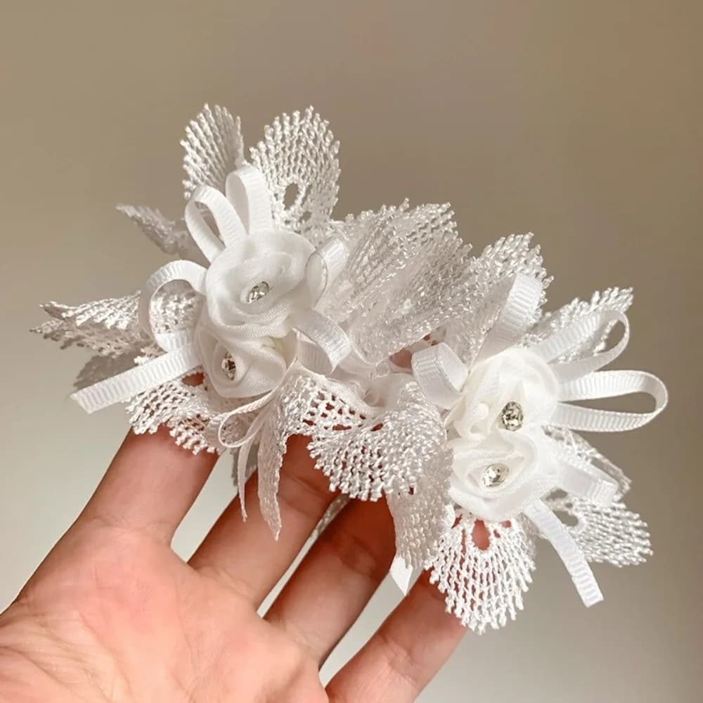 Elegant Lace Trim Hair Ropes Rhinestone Embellished Elastic Hair Rings Bowknot Hair Ties Woman