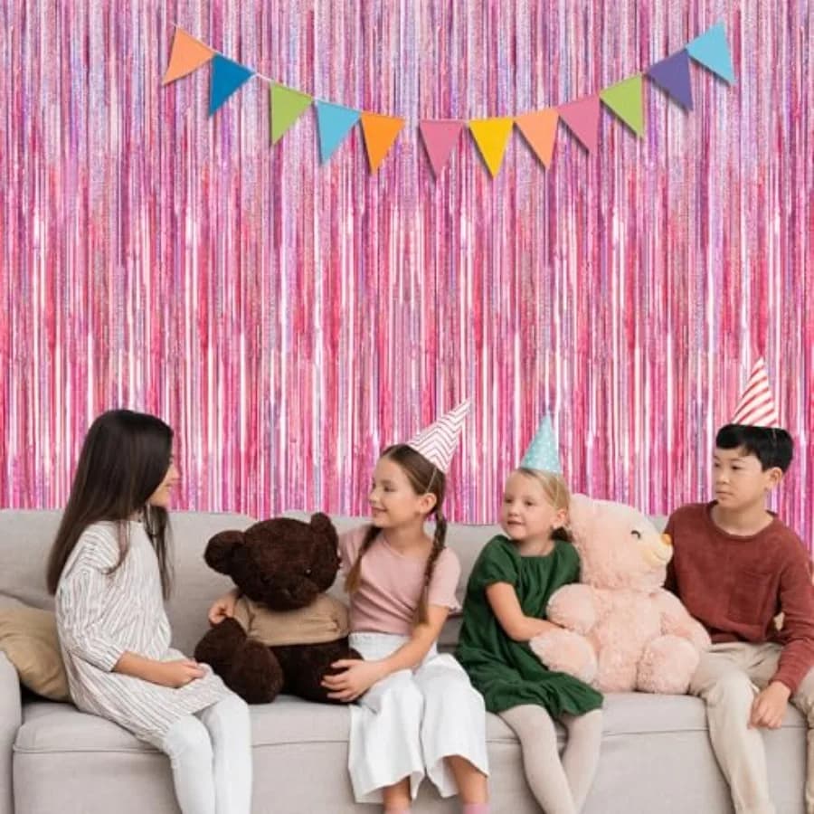 2 Pack Glitter Pink Backdrop, 3.28 FT x 7.05 FT Birthday Party Decorations, Laser Pink Fringe Curtains Foil Streamer Tinsel
