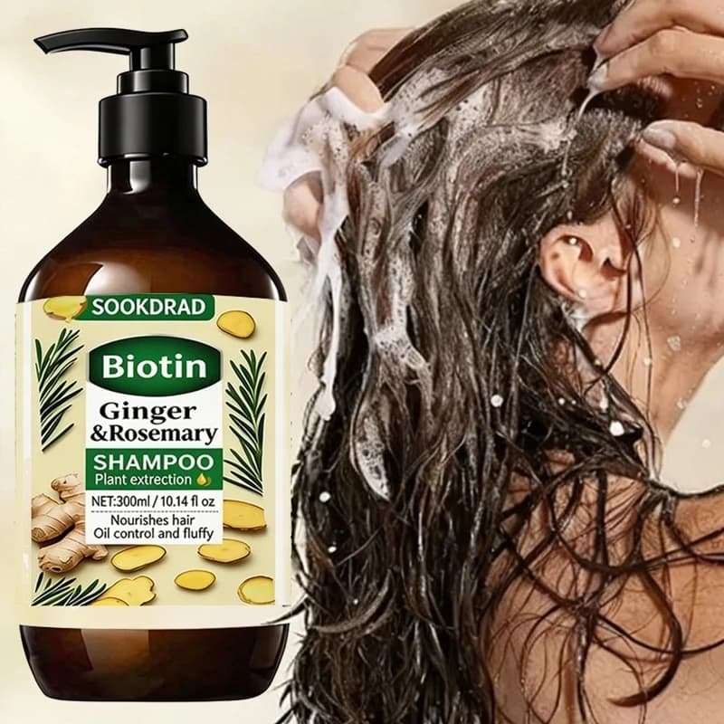 Shampoo alla Biotina, Zenzero e Rosmarino con Estratti Naturali per una Pulizia Delicata del Cuoio Capelluto, Adatto a Tutti i Tipi di Capelli, 300ml