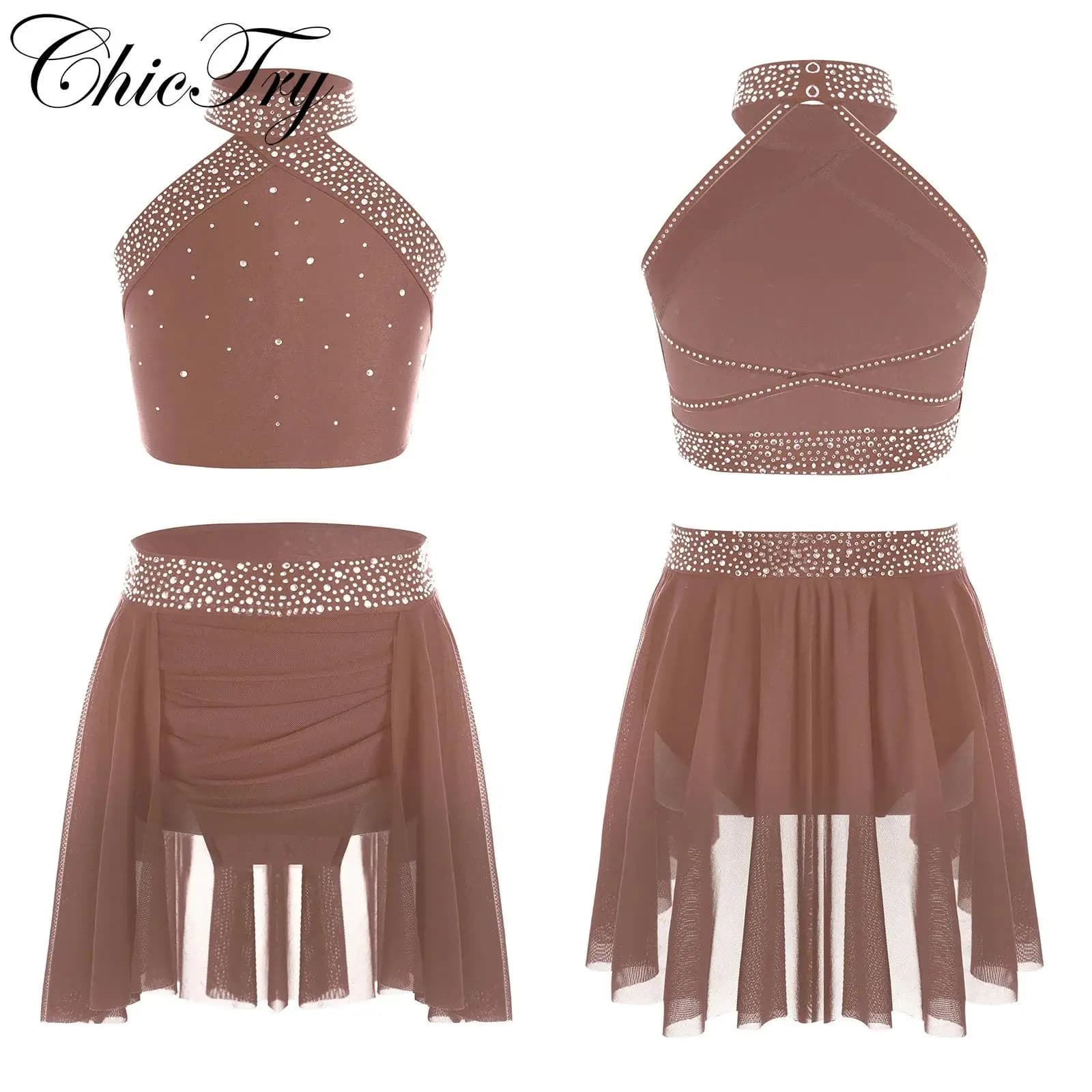 Set da ballo lirico per bambina, costume moderno e contemporaneo, top corto con strass e body con gonna, pattinaggio su ghiaccio, balletto, abbigliamento da ballo