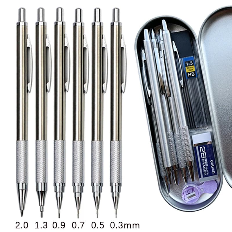 Set di matite meccaniche in metallo con scatola per penne Gomma per piombo Set di temperamatite 0,3 0,5 0,7 0,9 1,3 2,0 mm Matita automatica per schizzi artistici