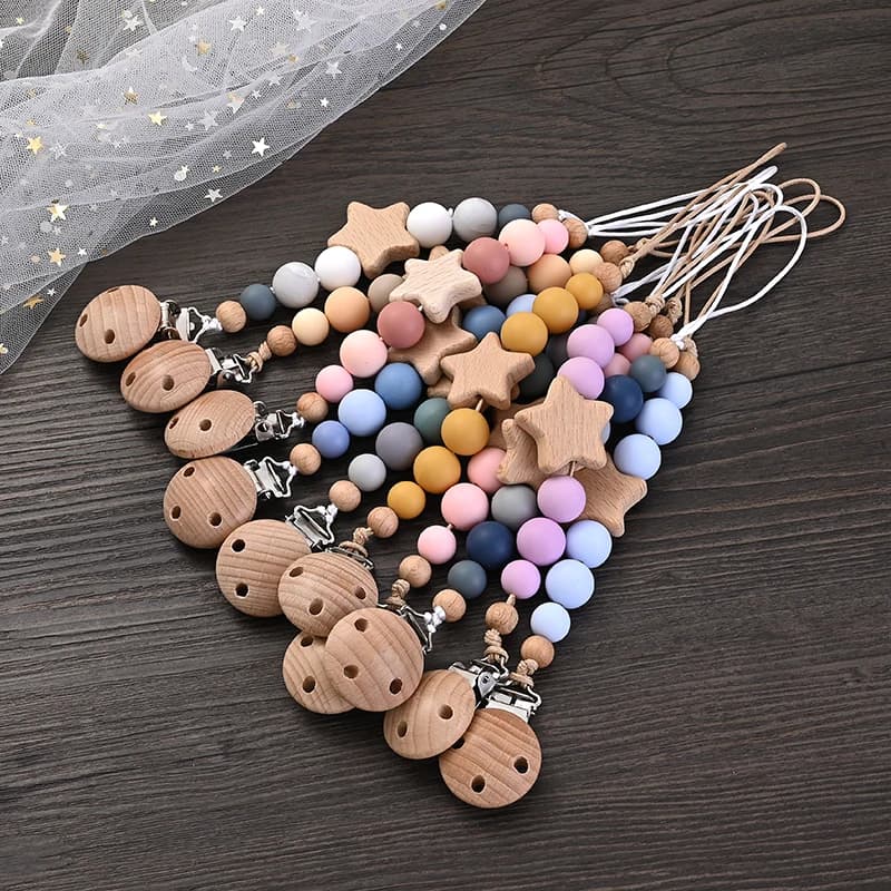 Nuovo Bambino Ciuccio Catena Pinze Legno Pentagramma Massaggiagengive Perline Rotonde In Silicone Catena di Dentizione Per La Cura Succhietto Masticare Giocattoli Doccia Regalo